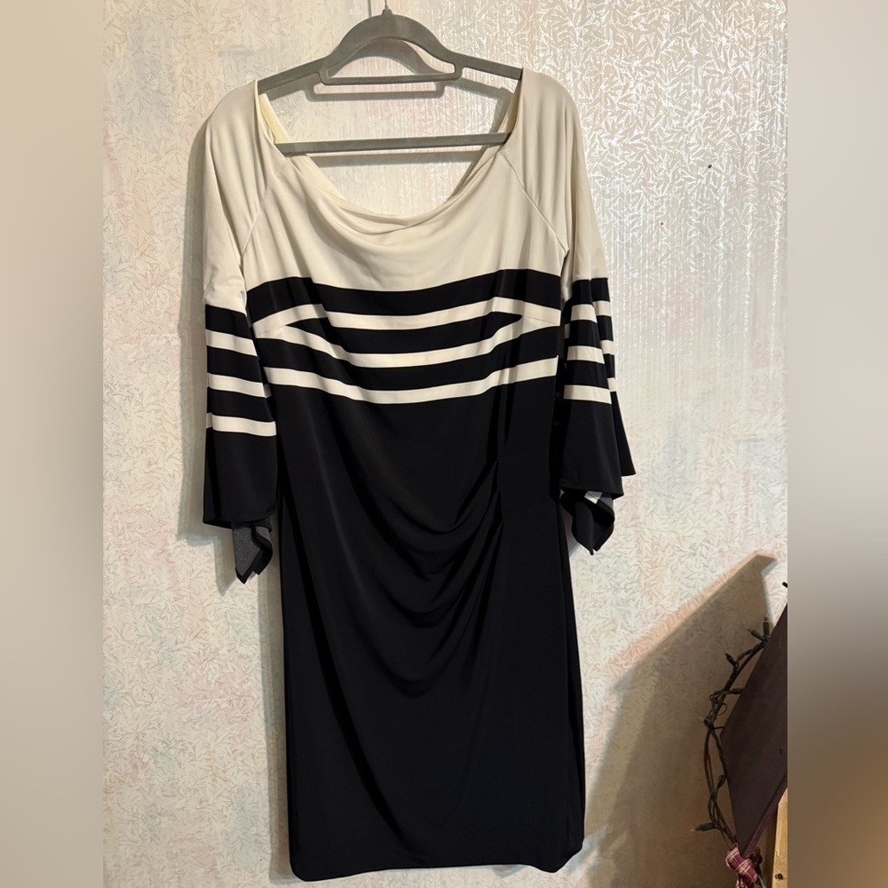 Ralph Lauren Black/Cream Stripe Off-Shoulder Fairy Sleeves Stretch Jersey Dress